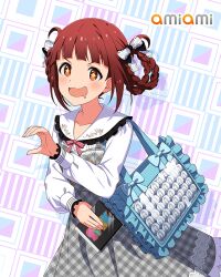 Rule 34 | 1girl, alternate hairstyle, bag, braid, dress, handbag, idolmaster, idolmaster million live!, idolmaster million live! theater days, matsuda arisa, official art, open mouth, red eyes, red hair, solo, star-shaped pupils, star (symbol), symbol-shaped pupils