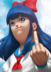 Rule 34 | 10s, 1girl, :3, blue eyes, blue hair, blunt bangs, bow, commentary, day, hair bow, long hair, looking at viewer, middle finger, outdoors, pipimi, poptepipic, school uniform, serafuku, signature, sky, solo, stanley lau, upper body