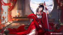 Rule 34 | 1girl, absurdres, birdcage, black hair, cage, candle, candlestand, chi lian (qin shi ming yue), dress, hair bun, highres, holding, holding sword, holding weapon, hua wei yang, indoors, jacket, long hair, long sleeves, looking at viewer, mirror, off-shoulder jacket, off shoulder, qinshi mingyue, red jacket, round window, second-party source, smoke, solo, sword, table, tiara, weapon, white dress, window
