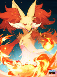 Rule 34 | 1girl, animal ear fluff, animal ears, animal nose, artist name, blue background, body fur, copyright name, creatures (company), delphox, embers, eyelashes, female focus, fire, fox ears, fox girl, furry, furry female, game freak, gen 6 pokemon, gradient background, hand up, highres, logo, looking at viewer, multicolored fur, nintendo, open mouth, pokemon, pokemon (creature), pokemon unite, pyrokinesis, red eyes, red fur, sharp teeth, signature, snout, solo, standing, suahh, teeth, twitter username, upper body, white fur, yellow fur