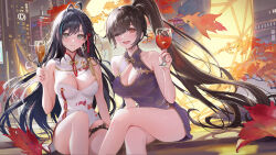 Rule 34 | 2girls, ;d, alcohol, alternate costume, ame (uten cancel), antenna hair, autumn leaves, bare arms, bare legs, bare shoulders, black hair, braid, breasts, building, china dress, chinese clothes, cleavage, cleavage cutout, closed mouth, clothing cutout, convenient leg, crossed legs, cup, dress, drinking glass, gold trim, green eyes, highres, holding, holding cup, large breasts, lin (tower of fantasy), long hair, looking at viewer, medium breasts, mole, mole under eye, multicolored hair, multiple girls, no panties, one eye closed, open mouth, pelvic curtain, ponytail, purple dress, red eyes, saki fuwa (tower of fantasy), short dress, sitting, sleeveless, sleeveless dress, smile, streaked hair, thigh strap, thighs, tower of fantasy, very long hair, white dress, wine, wine glass