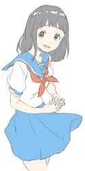 Rule 34 | 1girl, :d, absurdres, bad id, bad twitter id, blue sailor collar, blue skirt, cowboy shot, donguri suzume, grey eyes, grey hair, highres, looking at viewer, neckerchief, open mouth, original, own hands together, red neckerchief, sailor collar, shirt, short sleeves, simple background, skirt, smile, solo, white background, white shirt