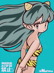 1girl animal_print aqua_background arms_behind_back artist_name bikini blush_stickers breasts cone_horns cowboy_shot facing_away floating_hair green_eyes green_hair highres horns long_hair looking_at_viewer looking_back lum medium_breasts norixio oni print_bikini small_horns solo standing strapless strapless_bikini striped_horns swimsuit tiger_print urusei_yatsura yellow_bikini yellow_horns