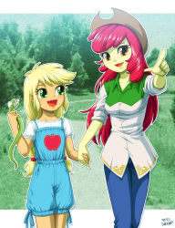 Rule 34 | 2girls, age difference, aged down, aged up, apple bloom, applejack, blonde hair, colored skin, cowboy hat, cowboy western, freckles, green eyes, hair ribbon, hat, holding hands, long hair, multiple girls, my little pony, my little pony: equestria girls, my little pony: friendship is magic, orange eyes, orange skin, overalls, personification, pointing, red hair, ribbon, siblings, sisters, snake, uotapo, yellow skin