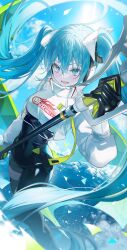 Rule 34 | 1girl, absurdres, bizet, black bodysuit, black gloves, blue eyes, blue hair, blue sky, blush, bodysuit, breasts, commentary, covered navel, day, earth (planet), elbow gloves, feet out of frame, flag, gloves, goodsmile racing, hair between eyes, hatsune miku, highres, holding, holding flag, long bangs, long hair, looking at viewer, medium breasts, open mouth, outdoors, planet, racing miku, racing miku (2022), shirt, sky, smile, solo, standing, sun, twintails, very long hair, vocaloid, white shirt
