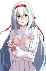 Rule 34 | 10s, 1girl, bad id, bad twitter id, breasts, brown eyes, cleavage cutout, clothing cutout, headband, jewelry, kantai collection, long hair, meme attire, open-chest sweater, open mouth, personification, ribbed sweater, ring, ruuto (sorufu), shoukaku (kancolle), sweater, turtleneck, upper body, white hair