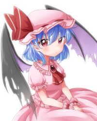 Rule 34 | 1girl, :d, bat wings, bright pupils, center frills, fang, fingernails, frills, hat, hat ribbon, long fingernails, looking at viewer, mob cap, open mouth, petticoat, purple hair, red background, red eyes, red nails, red ribbon, remilia scarlet, ribbon, shirt, short hair, simple background, skirt, smile, solo, touhou, white hat, white pupils, white shirt, white skirt, wings, wrist cuffs, yamisaki (ymsk xx)