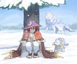 Rule 34 | 1boy, brown cape, brown footwear, cape, capelet, commentary request, crescent, crescent hat ornament, day, fingerless gloves, full body, fur-trimmed capelet, fur trim, gloves, hat, hat ornament, hatii (ragnarok online), high wizard (ragnarok online), natsuya (kuttuki), open mouth, outdoors, pants, purple headwear, ragnarok online, ragnarok origin, red capelet, shirt, shoes, short hair, smile, snow, snowing, tree, white gloves, white pants, white shirt, witch hat