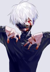 Rule 34 | 1boy, arms up, artist name, black sweater, blood, blood on face, blood on hands, clenched teeth, kaneki ken, long sleeves, looking at viewer, male focus, mask, one eye covered, red eyes, silver hair, simple background, solo, sukja, sweater, teeth, tokyo ghoul, tsurime, upper body, zipper
