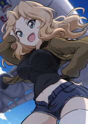 Rule 34 | 1girl, aircraft, airplane, black shirt, blonde hair, blue eyes, blue shorts, blue sky, blurry, blurry background, brown jacket, c-5m super galaxy, cloud, cloudy sky, commentary, cowboy shot, cutoffs, denim, denim shorts, depth of field, ehirorotoon, emblem, girls und panzer, hair intakes, hand in own hair, hand on own hip, highres, jacket, kay (girls und panzer), long hair, long sleeves, looking at viewer, midriff, military uniform, open clothes, open fly, open jacket, open mouth, saunders (emblem), saunders military uniform, shirt, short shorts, shorts, sky, smile, solo, standing, star (symbol), thighhighs, uniform, white thighhighs, wind