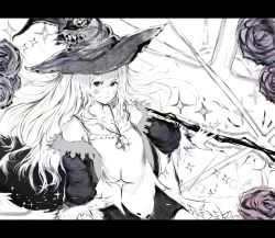 Rule 34 | 1girl, absurdres, bare shoulders, black cape, breasts, cape, closed mouth, collarbone, dorothy (shingeki no bahamut), greyscale, hair between eyes, hat, highres, jewelry, long hair, looking at viewer, monochrome, mugo (mugokii), necklace, shadowverse, shingeki no bahamut, small breasts, smile, solo, sparkle, staff, witch, witch hat