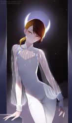 Rule 34 | 1other, androgynous, arm rest, blonde hair, cleavage cutout, clothing cutout, collared shirt, contrapposto, crossed legs, esthesiaan, expressionless, half-closed eyes, head tilt, highres, houseki no kuni, light, long sleeves, moon, moon uniform (houseki no kuni), multicolored hair, narrow waist, other focus, parted bangs, pixie cut, rainbow, red hair, rutile (houseki no kuni), see-through, see-through sleeves, shirt, short hair, short jumpsuit, short shorts, shorts, sleeve cuffs, solo, standing, swept bangs, two-tone hair, wide sleeves
