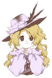 Rule 34 | 1girl, blonde hair, bright pupils, brown eyes, brown hat, closed mouth, hands on own face, hands up, hat, jacket girl (dipp), long hair, long sleeves, nonamejd, official style, ribbon, simple background, solo, touhou, white background, white pupils, white ribbon, zun (style)