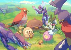 Rule 34 | :d, ^ ^, bird, bread, bright pupils, brown eyes, ceruledge, clodsire, closed eyes, commentary request, creatures (company), day, drifloon, eating, food, game freak, garchomp, gen 4 pokemon, gen 6 pokemon, gen 7 pokemon, grass, highres, holding, holding food, meowscarada, mimikyu, miraidon, mokukitusui, mouth hold, nintendo, open mouth, outdoors, owl, pokemon, pokemon (creature), rowlet, sandwich, smile, talonflame, white pupils