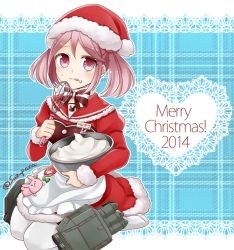 Rule 34 | 10s, 1girl, 2014, :q, apron, blush, bow, bowtie, christmas, dress, food, food on face, frilled apron, frills, fur trim, hair bobbles, hair ornament, hat, heart, kantai collection, licking lips, long sleeves, looking at viewer, maid, maid apron, merry christmas, mixing bowl, no shoes, outside border, pink eyes, pink hair, puffy long sleeves, puffy sleeves, rabbit, red dress, santa costume, santa hat, sazanami (kancolle), seiza, short twintails, sitting, solo, suzuka (rekkyo), thighhighs, tongue, tongue out, twintails, whipped cream, whisk, white thighhighs