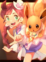 Rule 34 | 1girl, :d, :o, braid, braided ponytail, brown eyes, chitozen (pri zen), chloe (pokemon), commentary request, creatures (company), eevee, eyelashes, fire, game freak, gen 1 pokemon, green eyes, hat, hat ribbon, highres, letterboxed, long hair, looking at viewer, mini hat, nintendo, open mouth, outside border, pink ribbon, pointing, pokemon, pokemon (anime), pokemon (creature), pokemon journeys, purple shorts, ribbon, shorts, smile, teeth, tongue, twitter username, upper teeth only, watermark, white headwear