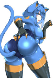 Rule 34 | 1girl, anal, anal object insertion, anal tail, animal hood, ass, back, black footwear, black gloves, blu pyro (tf2), blue bodysuit, blue eyes, blue hair, bodysuit, boots, breasts, butt plug, cat hood, catstudioinc (punepuni), commission, fake tail, genderswap, genderswap (otf), gloves, highres, hood, large breasts, latex, latex bodysuit, looking at viewer, looking back, nipple stimulation, nipple tweak, object insertion, open mouth, penetration through clothes, pyro (tf2), sex toy, simple background, skin tight, solo, tail, team fortress 2, thigh boots, white background