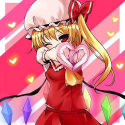 Rule 34 | 1girl, ascot, bad id, bad pixiv id, blonde hair, blush, crystal, dress, female focus, flandre scarlet, hat, heart, heart hands, hikataso, long hair, one eye closed, red eyes, ribbon, side ponytail, solo, touhou, wings, wink
