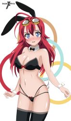 Rule 34 | 1girl, absurdres, bare shoulders, bikini, black bikini, blue eyes, blush, breasts, corone dola, embarrassed, goggles, highres, indexryo, large breasts, leotard, long hair, no game no life, no game no life zero, playboy bunny, rabbit ears, rabbit tail, red hair, swimsuit, tagme, thighhighs