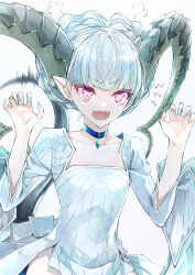 Rule 34 | 1girl, absurdres, aqua hair, braid, breasts, choker, claw pose, collarbone, crown braid, curled horns, dress, fangs, fate/grand order, fate (series), hands up, highres, horns, jewelry, kino kokko, larva tiamat (fate), larva tiamat (first ascension) (fate), long hair, long horns, long sleeves, looking at viewer, open mouth, pendant, pink eyes, pointy ears, ribbed dress, small breasts, solo, symbol-shaped pupils, tail, tiamat (fate), white dress