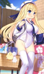 Rule 34 | 1girl, azur lane, bird, blonde hair, blue eyes, blue necktie, blue sky, blunt bangs, blurry, brick wall, chick, cloud, commentary request, competition swimsuit, day, depth of field, eyes visible through hair, feet out of frame, highres, icarus (azur lane), icarus (nereid&#039;s discovery) (azur lane), jacket, kuro chairo no neko, long hair, manjuu (azur lane), necktie, official alternate costume, one-piece swimsuit, outdoors, school uniform, skirt, unworn skirt, sky, solo, swimsuit, swimsuit under clothes, teruterubouzu, thighhighs, white jacket, white one-piece swimsuit, white thighhighs