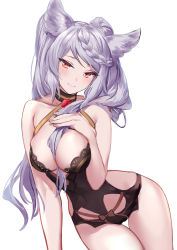 Rule 34 | 1girl, absurdres, aki663, bare arms, bare legs, bare shoulders, blush, bow, breasts, cleavage, collar, come hither, commentary, cowboy shot, erune, fraux, granblue fantasy, hair between breasts, hand on own chest, highres, large breasts, lingerie, long hair, purple hair, red eyes, simple background, smile, solo, swept bangs, tsurime, twintails, underwear, white background