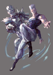 Rule 34 | blue eyes, boots, earrings, grey hair, highres, jean pierre polnareff, jewelry, jojo no kimyou na bouken, kim yura (goddess mechanic), muscular, pointing, pointing at viewer, silver chariot, simple background, stand (jojo), unfinished, wristband