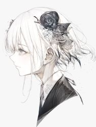 Rule 34 | 1girl, absurdres, closed mouth, flower, from side, greyscale, hair flower, hair ornament, hair ribbon, highres, hito komoru, looking away, monochrome, original, portrait, profile, ribbon, short hair, simple background, solo, white background