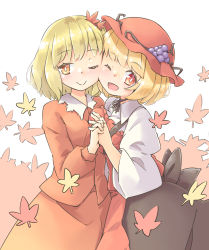 Rule 34 | 2girls, aki minoriko, aki shizuha, arnest, autumn leaves, blonde hair, blouse, blush, closed mouth, collared shirt, food-themed hair ornament, hair ornament, hat, highres, leaf, maple leaf, mob cap, multiple girls, one eye closed, open mouth, orange eyes, red headwear, red shirt, shirt, short hair, siblings, simple background, sisters, smile, touhou, white background, white shirt, yellow eyes