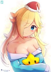 Rule 34 | 1girl, artist name, bare shoulders, blonde hair, blue dress, blue eyes, breasts, chinchongcha, christmas, cleavage, collarbone, dress, hair over one eye, hat, highres, large breasts, long hair, long sleeves, looking at viewer, luma (mario), mario (series), nintendo, off-shoulder dress, off shoulder, rosalina, santa hat, signature, sleeves past fingers, sleeves past wrists, smile, solo, super mario galaxy, upper body