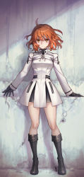 Rule 34 | ahoge, black gloves, boots, closed mouth, command spell, decisive-battle chaldea uniform, fate/grand order, fate (series), fujimaru ritsuka (female), full body, gloves, looking at viewer, na222222, official alternate costume, orange hair, serious, short hair, solo, v-shaped eyebrows, yellow eyes