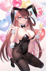 Rule 34 | 1girl, :o, animal ears, ayamy, ayamy (vtuber), balloon, black bow, black bowtie, black footwear, black pantyhose, blue eyes, blush, bow, bowtie, breasts, brown hair, cat hair ornament, champagne flute, cleavage, commentary, covered navel, cup, detached collar, drinking glass, fake animal ears, fake tail, fingernails, hair ornament, hair rings, hairclip, hands up, heart balloon, high heels, highleg, highleg leotard, highres, holding, holding cup, indie virtual youtuber, kneeling, large breasts, leotard, long fingernails, long hair, looking at viewer, nail polish, pantyhose, parted lips, pink nails, playboy bunny, pumps, rabbit ears, rabbit tail, single hair ring, solo, strapless, strapless leotard, symbol-only commentary, tail, thighband pantyhose, very long hair, virtual youtuber, white wrist cuffs, wrist cuffs, x hair ornament