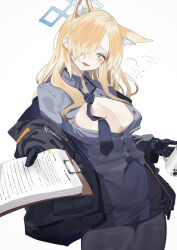 Rule 34 | 1girl, absurdres, animal ear fluff, animal ears, asymmetrical bangs, black gloves, black jacket, black pantyhose, blonde hair, blue archive, blue necktie, blue shirt, blue skirt, blush, breasts, cleavage, clipboard, cup, gloves, hair over one eye, halo, highres, holding, holding clipboard, holding cup, jacket, jacket partially removed, kanna (blue archive), large breasts, long bangs, looking at viewer, loose necktie, mug, necktie, one eye covered, pantyhose, partially unbuttoned, shirt, simple background, skirt, solo, white background, yougashi