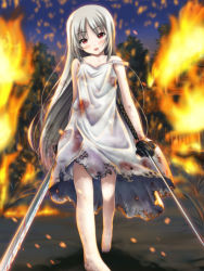 Rule 34 | 1girl, barefoot, blood, blood stain, blood on clothes, blush, burnt clothes, dress, dual wielding, feet, fire, holding, katana, long hair, open mouth, original, outdoors, red eyes, ryunnu, solo, strap slip, sword, toes, torn clothes, weapon, white dress, white hair
