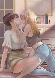 Rule 34 | 2girls, arm support, bare arms, bare legs, barefoot, belt, black tank top, blonde hair, blouse, blush, brown hair, brown skirt, cabinet, can, commentary request, commission, crop top, denim, earrings, closed eyes, from side, hands on another&#039;s face, indoors, jeans, jewelry, kiss, kneeling, light particles, long hair, multiple girls, on floor, original, pants, picture frame, profile, shirt, short hair, short sleeves, sitting, skeb commission, skirt, stud earrings, takeshisu, tank top, thermos, twitter username, white shirt, yuri