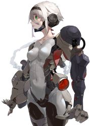 Rule 34 | 1girl, absurdres, android, asymmetrical arms, breasts, highres, joints, looking to the side, mechanical arms, mechanical hands, mechanical parts, mechanical spine, navel, original, robot joints, science fiction, short hair, smoke, solo, thrusters, wet, white background, white hair, yellow eyes, yunimaru