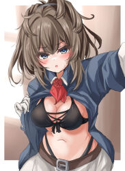 Rule 34 | 1girl, ascot, belt, bikini, bikini top only, bikini under clothes, black bikini, blue eyes, blush, breasts, brown belt, brown hair, commentary request, flower, gloves, hair between eyes, indoors, kantai collection, kasashi (kasasi008), long hair, long sleeves, looking at viewer, medium breasts, messy hair, military uniform, navel, open mouth, ponytail, presenting, red ascot, red flower, red rose, rose, sheffield (kancolle), skirt, solo, sweatdrop, swimsuit, uniform, white gloves, white skirt