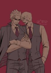 Rule 34 | 2boys, bana55, black coat, blonde hair, brothers, cigarette, coat, collared shirt, crossed arms, donquixote doflamingo, donquixote rocinante, earrings, hair between eyes, highres, jewelry, long sleeves, male focus, multiple boys, necktie, one piece, open mouth, red background, shirt, siblings, sleeveless, sleeveless jacket, smile, sunglasses, twitter username, white shirt
