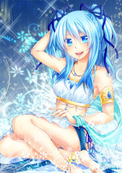 Rule 34 | 1girl, :d, anklet, armlet, bad id, bad pixiv id, barefoot, barefoot sandals (jewelry), blue eyes, blue hair, hair ribbon, highres, jewelry, long hair, looking at viewer, makina (frog), matching hair/eyes, open mouth, original, ribbon, sitting, smile, solo, twintails, two side up