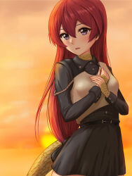 Rule 34 | absurdly long hair, armor, belt, belt buckle, buckle, buttons, chest armor, cuffs, death march kara hajimaru isekai kyousoukyoku, dress shirt, hair between eyes, hands on own chest, highres, liza (death march), lizard tail, long hair, long sleeves, open mouth, outdoors, ponytail, purple eyes, red hair, reptile girl, scales, shirt, skirt, slave, slave, sunset, tail, teeth, teya, tongue, upper teeth only, very long hair