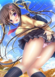 Rule 34 | 1girl, :o, accidental exposure, animal print, bad id, bad pixiv id, bear panties, bear print, black socks, black skirt, blue sky, blush, breasts, brown hair, cloud, covering privates, covering ass, d:, day, embarrassed, impossible clothes, kneehighs, kneepits, looking at viewer, looking back, medium breasts, mikan (5555), open mouth, original, outdoors, panties, pantyshot, pink panties, print panties, purple eyes, skirt, sky, socks, solo, surprised, thighs, twintails, underwear, upskirt, wind, wind lift
