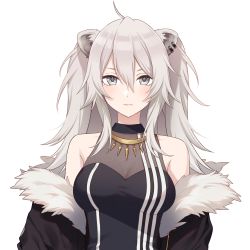 Rule 34 | 1girl, absurdres, ahoge, animal ears, bare shoulders, black jacket, blush, breasts, cleavage, closed mouth, earrings, expressionless, fur-trimmed jacket, fur trim, grey eyes, grey hair, hair between eyes, highres, hololive, jacket, jewelry, large breasts, lion ears, long hair, looking at viewer, necklace, off-shoulder jacket, off shoulder, see-through, see-through cleavage, shishiro botan, shishiro botan (1st costume), solo, straight-on, tomari (veryberry00), transparent background, upper body, virtual youtuber