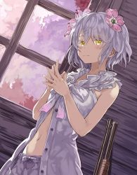 Rule 34 | 1girl, blush, buttons, closed mouth, commentary, cowboy shot, dutch angle, flower, gun, hair between eyes, hair flower, hair ornament, indoors, kudou chitose, midriff, navel, nijisanji, own hands together, shibano kaito, short hair, shotgun, sleeveless, smile, solo, stomach, virtual youtuber, wavy hair, weapon, white hair, window, yellow eyes