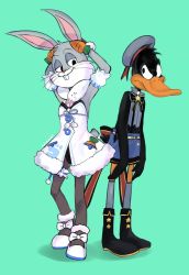 Rule 34 | 2boys, bare arms, bare shoulders, beret, black footwear, black leotard, blue skirt, boots, buck teeth, bugs bunny, carrot, closed mouth, commentary, cosplay, crossdressing, daffy duck, detached sleeves, don-chan (usada pekora), dress, english commentary, green background, grey headwear, grey legwear, grey shirt, hat, highres, himuhino, hololive, leotard, looking at viewer, looney tunes, male focus, multiple boys, oozora subaru, oozora subaru (work), oozora subaru (cosplay), pantyhose, puffy short sleeves, puffy sleeves, shadow, shirt, shoes, short sleeves, skirt, sleeveless, sleeveless shirt, smile, standing, strapless, strapless dress, strapless leotard, teeth, thighhighs, trait connection, usada pekora, usada pekora (1st costume), usada pekora (cosplay), virtual youtuber, white dress, white footwear, white sleeves