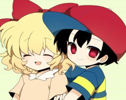 Rule 34 | 1boy, 1girl, bad id, bad pixiv id, black hair, blonde hair, blush, child, closed eyes, haru (kyou), hat, mother (game), mother 2, ness (mother 2), nintendo, one eye closed, open mouth, paula (mother 2), red eyes, ribbon, short hair, smile, wink