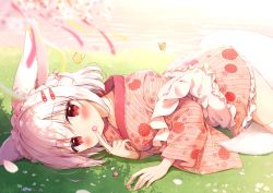 Rule 34 | 1girl, animal, animal ears, apron, blurry, blurry foreground, blush, bug, butterfly, commentary request, depth of field, finger to mouth, floral print, food, frilled apron, frilled kimono, frills, hair ornament, hairclip, highres, insect, japanese clothes, kimono, long sleeves, looking at viewer, lying, maid headdress, miyasaka naco, on grass, on side, original, pink kimono, print kimono, red eyes, solo, striped clothes, striped kimono, tail, vertical-striped clothes, vertical-striped kimono, white apron, white hair, wide sleeves