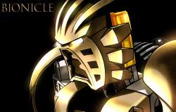 Rule 34 | armor, bionicle, black background, commentary request, copyright name, glowing, gold armor, highres, humanoid robot, jazz jack, lego, mask, no humans, portrait, robot, simple background, takanuva (bionicle), the lego group, toy, upper body
