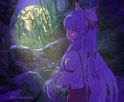 Rule 34 | 1girl, :|, absurdres, artist name, bamboo, bamboo forest, bow, breasts, closed mouth, collared shirt, commentary request, forest, fujiwara no mokou, full moon, hair bow, hair ribbon, highres, imperishable night, kiritanpo117, long hair, looking at viewer, looking back, medium breasts, moon, moonlight, moss, nature, night, night sky, outdoors, pants, red eyes, red pants, ribbon, rock, scenery, shirt, sidelocks, sky, solo, suspenders, touhou, upper body, very long hair, watermark, white hair, white shirt