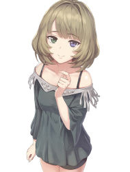 Rule 34 | 1girl, bare shoulders, bike shorts, black shorts, blue eyes, bra strap, breasts, brown hair, closed mouth, collarbone, commentary request, cowboy shot, dress, green dress, green eyes, hand up, heterochromia, idolmaster, idolmaster cinderella girls, long sleeves, looking at viewer, meto31, mole, mole under eye, off-shoulder dress, off shoulder, short hair, shorts, simple background, small breasts, smile, solo, standing, takagaki kaede, white background, wide sleeves