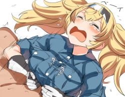 Rule 34 | 1boy, 1girl, bad id, bad twitter id, belko, blonde hair, blush, breasts, breasts squeezed together, closed eyes, commentary request, gambier bay (kancolle), gloves, hairband, hetero, kantai collection, large breasts, long hair, military, military uniform, open mouth, out of frame, paizuri, paizuri under clothes, solo focus, tears, twintails, uniform